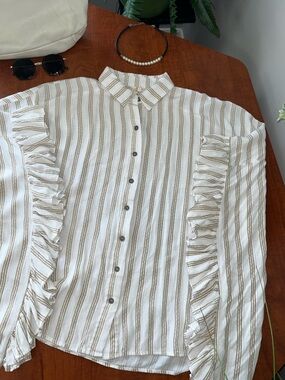 Bohemian poncho flowy sleeves Button Top Thin vertical tan striped creamy white